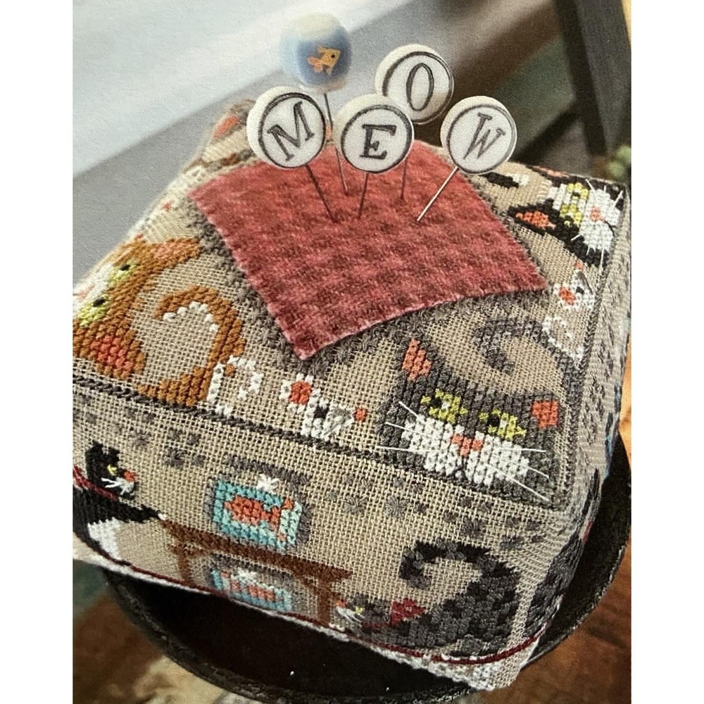 Hands On Design Block Party MEOW Cross Stitch Kit 28ct Linen WeeksDye Floss Pins